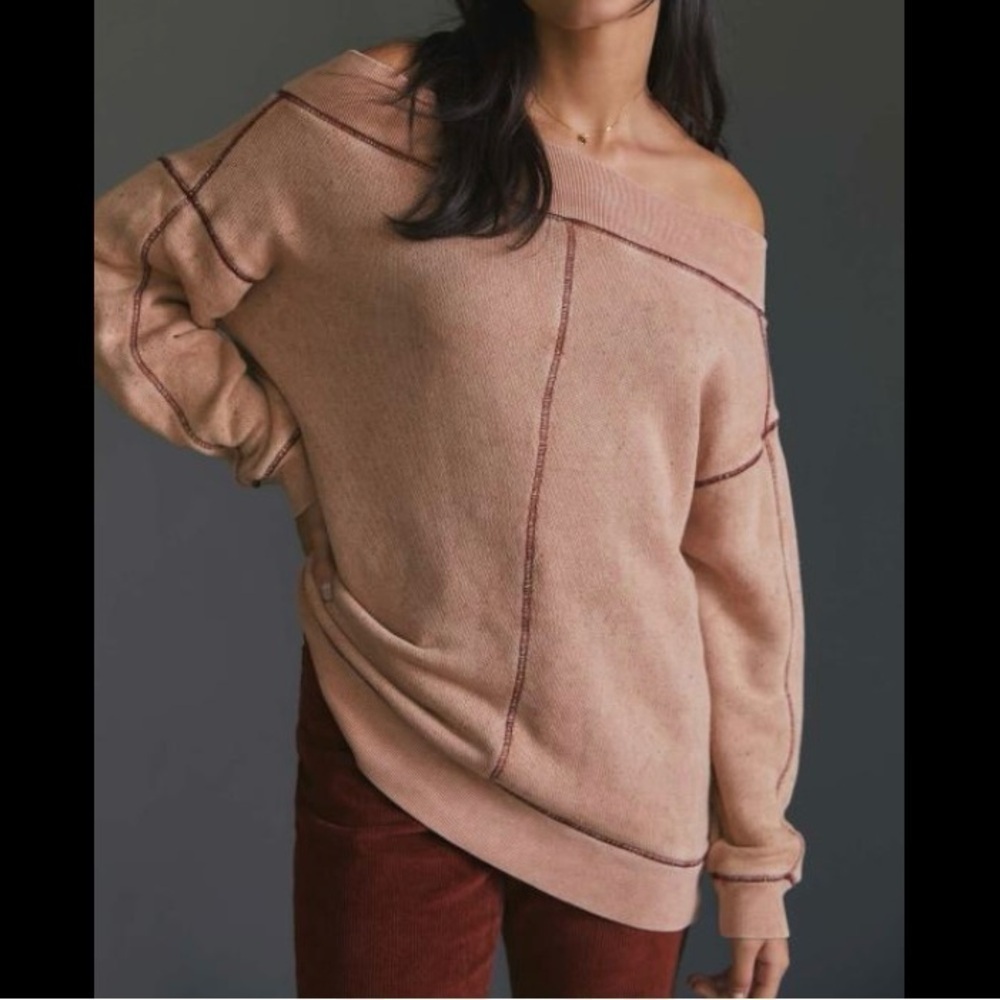 Pilcro Slouchy Oversized Off-The-Shoulder Sweatshirt Distressed Dusty Pink XXS